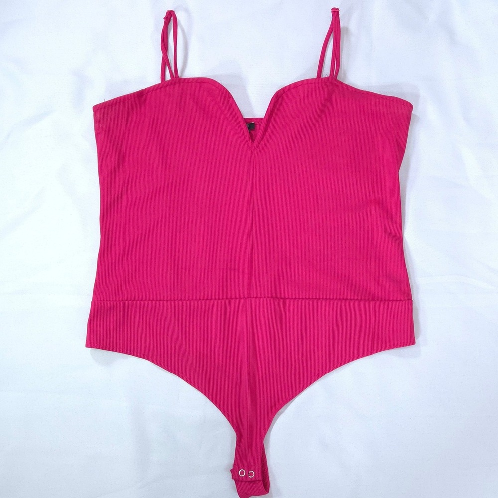 Express Body Contour Wired Bodysuit XL Pink Ribbed V-Neck Adjustable‎ Barbiecore